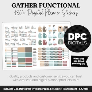 May include: A digital planner sticker set with over 1300 stickers. The stickers are in a variety of colors and designs, including blue, green, brown, and pink. The stickers are designed for use in digital planners and include a variety of categories, such as work, home, time, and habits. The stickers are compatible with any digital planning app. The text "DPC DIGITALS" is in the upper right corner of the image.