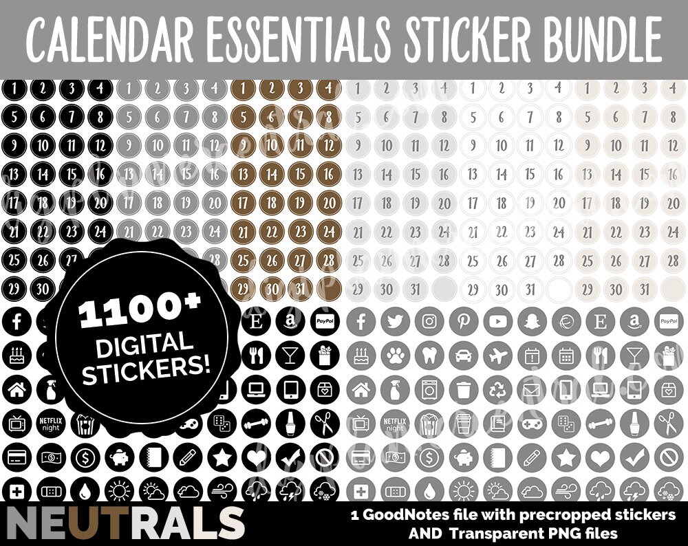 Digital Calendar Sticker Numbers MEGA BUNDLE | NEUTRALS | Goodnotes a…