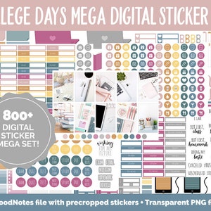 Könnte beinhalten: Ein digitales Sticker-Set für College-Studenten mit über 800 Stickern in verschiedenen Farben und Designs. Die Sticker beinhalten Icons, Textfelder und Illustrationen rund um das College-Leben, wie Bücher, Laptops, Kaffeetassen und Lernutensilien. Das Set enthält auch eine GoodNotes-Datei mit zugeschnittenen Stickern und transparenten PNG-Dateien.