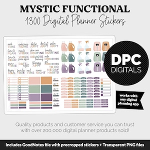 May include: A digital planner sticker set with 1300 stickers featuring a variety of designs, including time management, work, home, and personal care. The stickers are in a variety of colors, including pink, purple, green, and brown. The stickers are designed to be used with any digital planner app. The text "DPC DIGITALS" is in the upper right corner of the image.