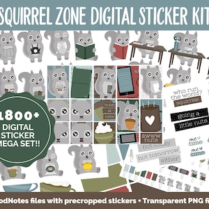 May include: A digital sticker kit featuring over 1800 stickers with a squirrel theme. The stickers include various images of squirrels, coffee cups, and motivational quotes. The kit is designed for use with GoodNotes and includes transparent PNG files.