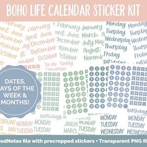 Boho Life Calendar Essentials Digital Planner Stickers | iPad & Android | Dates, Days of the Week, Months