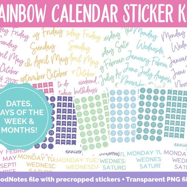 Rainbow Calendar Essentials Digital Planner Stickers | GoodNotes, iPad and Android | Dates, Days of the Week, Months