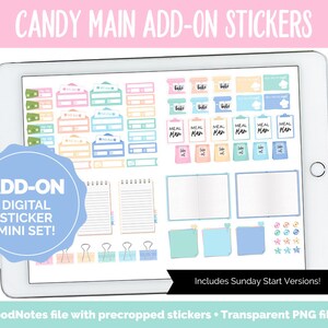 May include: A digital sticker set for use in the GoodNotes app. The set includes a variety of stickers in pastel colors, including meal planning stickers, boxes, and other organizational elements. The stickers are designed to help users organize their notes and schedules.
