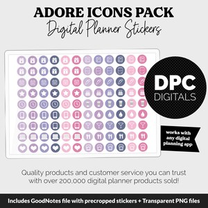 May include: A digital planner sticker pack with over 200,000 digital planner products sold. The pack includes a variety of icons in pink, purple, and gray colors. The icons include calendars, stars, clocks, phones, laptops, hearts, popcorn buckets, and more. The text "DPC DIGITALS" is in a black circle with white text. The text "works with any digital planning app" is in a white rectangle with black text.