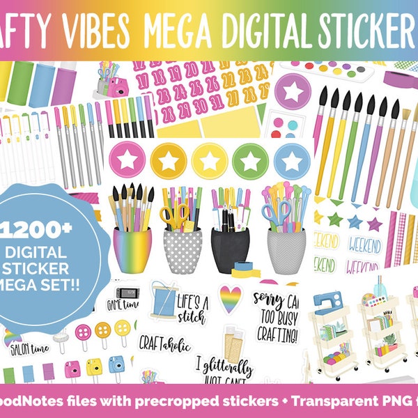 Crafty Vibes Digital Sticker Mega Bundle | GoodNotes & iPad | March, Rainbow, Sewing, Planning, Paint, Calendar Dates, Trackers and More!