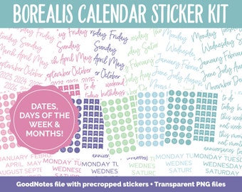 Borealis Calendar Essentials Digital Planner Stickers | GoodNotes, iPad and Android | Dates, Days of the Week, Months