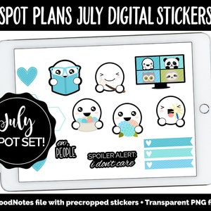 Könnte beinhalten: Ein digitaler Sticker-Set für Juli mit niedlichen Comicfiguren und Sprüchen. Die Sticker sind für die Verwendung in digitalen Planern und Notizbüchern konzipiert. Das Set enthält eine Vielzahl von Stickern, darunter ein Herz, eine Figur, die ein Buch liest, eine Figur mit einem Pinsel, eine Figur mit einer Blume, eine Figur mit einer Glühbirne, eine Figur mit einem Faultier, eine Figur mit einer Eule, ein Banner mit dem Text "ew, people", ein Banner mit dem Text "spoiler alert: i don't care" und ein Banner mit dem Text "July Spot Set!"