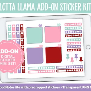 Op de afbeelding: Een digitale planner stickerset met een roze, paarse, groene en rode kleurschema. De set bevat verschillende vormen, waaronder harten, stippen en lijnen. De tekst "ADD-ON DIGITAL STICKER MINI SET!" wordt weergegeven op een roze cirkel.