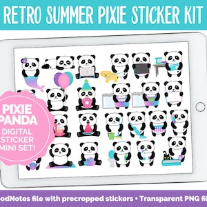 Puede incluir: Un conjunto de pegatinas digitales con lindas ilustraciones de pandas en un tema de verano retro. El conjunto incluye 30 pegatinas con varias actividades, como comer sandía, limpiar y usar una computadora portátil. Las pegatinas están diseñadas para usar en la aplicación GoodNotes y están disponibles como archivos PNG transparentes.