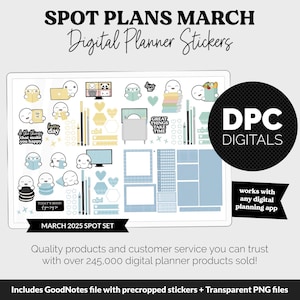 Könnte beinhalten: Digitales Planer-Sticker-Set für März 2025. Das Set enthält verschiedene Sticker mit niedlichen Charakteren, Herzen und geometrischen Formen in Blau, Gelb und Schwarz. Der Text enthält "Spot Plans March", "Digital Planner Stickers" und "DPC Digitals".