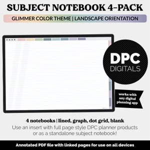 Könnte beinhalten: Digitales Notizbuch 4er-Pack mit Glimmer-Farbmotto und Querformat. Die Notizbücher enthalten linierte, karierte, gepunktete und leere Seiten. Das Bild enthält auch den Text "DPC DIGITALS" und "works with any digital planning app".
