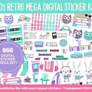 90s Retro Digital Planner Sticker Mega Kit GoodNotes, iPad and Android Flashback, August zdjęcie 1