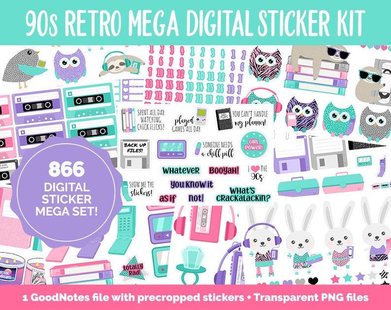 90s Retro Digital Planner Sticker Mega Kit GoodNotes, iPad and Android Flashback, August zdjęcie 1