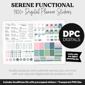May include: A digital planner sticker sheet with over 1800 stickers. The stickers are in a variety of colors and designs, including pink, green, blue, and white. The stickers are organized into categories, such as "Date", "Night", "Grocery Shopping", "Habits", "To Do", "Home", "Work", "Goals", "Pack", "Books", "Tasks", "Appt", "Routine", "Lazy Day", "Day Off", and "Sick Day". The sheet also includes a logo for "DPC Digitals".