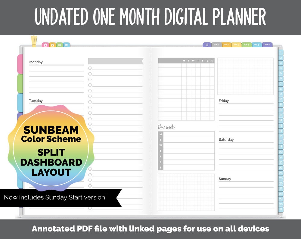 Undated One Month Digital Planner | Sunbeam - Split Dashboard | GoodN…