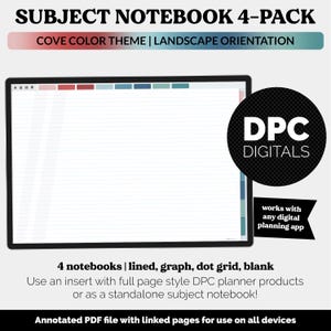 Paquete de 4 cuadernos digitales horizontales de 8 materias / Tema Cove / iPad y Android