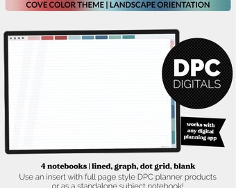 Paquete de 4 cuadernos digitales horizontales de 8 materias / Tema Cove / iPad y Android