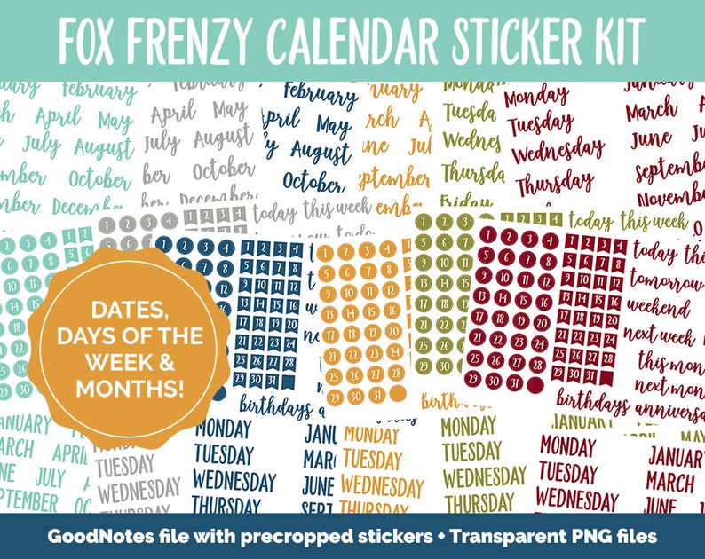 Fox Frenzy Calendar Essentials Digital Planner Stickers GoodNotes, iPad and Android Dates, Days of the Week, Months image 1