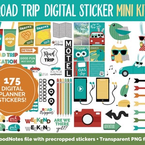 May include: A set of 175 digital planner stickers featuring a road trip theme. The stickers are colorful and include images of cars, gas stations, motels, snacks, and other road trip essentials. The text "Road Trip Digital Sticker Mini Kit" is at the top of the image.