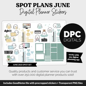 May include: Digital planner stickers for June 2025, featuring a variety of cute illustrations and functional elements. Includes stickers with text like "chapter 06" and "Reminder". The design incorporates hearts, hexagons, and other decorative shapes. The DPC Digitals logo is also visible.
