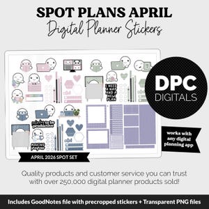 May include: Digital planner stickers set for April 2026, featuring cute illustrations and various shapes in pastel colors. Includes stickers with text like "I need a nap" and "making progress". Compatible with any digital planning app.
