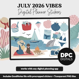 May include: A collection of digital planner stickers titled JULY 2026 VIBES Digital Planner Stickers. The set features summer-themed illustrations including a beach scene with a person and dog, a sailboat, seashells, a bikini, and a camera.