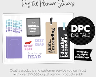 May include: Digital planner stickers for book lovers. The stickers feature various book-themed designs, including "Book Addict", "Cozy Read", "Spicy Read", "Fantasy Read", "Emotional Support Kindle", "Shhh... I'm Reading", and "I'd Rather Be Reading".