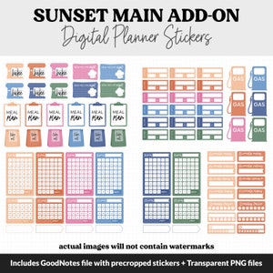 May include: A digital planner sticker set with a sunset theme. The stickers include various designs, such as meal planning, baking, gas, and calendar grids. The stickers are in a variety of colors, including orange, pink, blue, and green.
