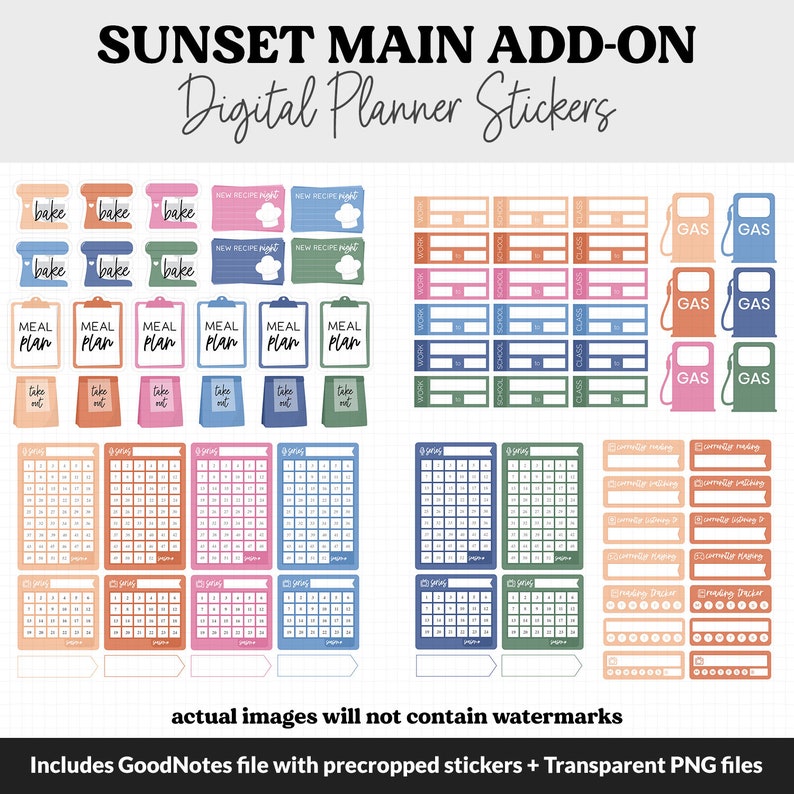 May include: A digital planner sticker set with a sunset theme. The stickers include various designs, such as meal planning, baking, gas, and calendar grids. The stickers are in a variety of colors, including orange, pink, blue, and green.