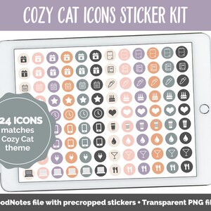 Puede incluir: La pantalla de una tableta digital muestra 324 iconos coloridos en un patrón de cuadrícula. Los iconos son de varios colores, incluyendo rosa, naranja, gris y negro. El texto "324 ICONS matches Cozy Cat theme" se muestra en un círculo gris en la esquina inferior izquierda de la pantalla.