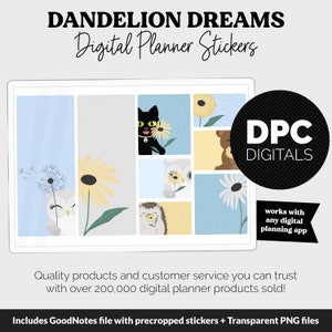 Peut inclure: Autocollants numériques pour planificateur avec des illustrations d'un pissenlit, d'un hibou, d'un chat, d'un ours et d'un hérisson, chacun avec une fleur. Disposition en grille, avec le texte "DANDELION DREAMS Digital Planner Stickers".