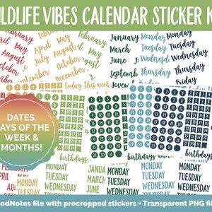 May include: A set of colorful calendar stickers with a wildlife theme. The stickers include months, days of the week, dates, and other useful labels. The stickers are designed for use in a planner or journal.