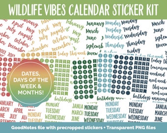 Wildlife Vibes Calendar Essentials Digital Planner Stickers | GoodNotes, iPad and Android | Dates, Days of the Week, Months