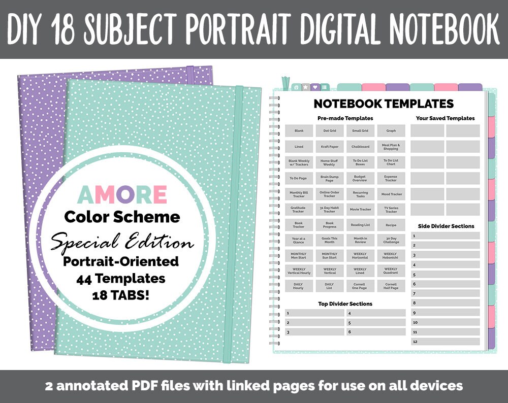 Portrait DIY v2 18 Subject Digital Notebook | Amore Theme | Goodnotes…