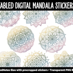 May include: Digital mandala stickers in various designs and colors, including blue, green, and pink. The stickers are arranged on a white background. The text "Fabled Digital Mandala Stickers" is at the top. The bottom text reads "GoodNotes files with pre-cropped stickers + Transparent PNG files."