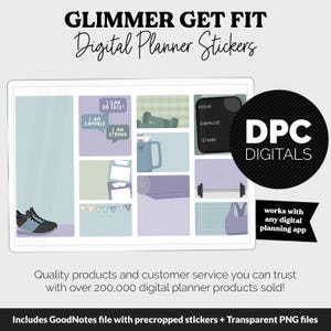 May include: Digital planner stickers with a fitness theme. The image includes a variety of stickers such as a yoga mat, dumbbells, a water bottle, and a running shoe. Text includes "Glimmer Get Fit" and "Digital Planner Stickers".