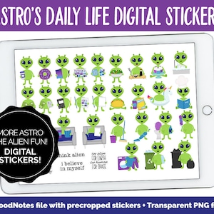 Puede incluir: Una pantalla de tableta digital que muestra una colección de 36 pegatinas digitales de extraterrestres verdes. Las pegatinas presentan varias actividades y frases, incluyendo "think alien", "I believe in myself" y "too alien for earth". Las pegatinas están diseñadas para su uso en la aplicación GoodNotes.