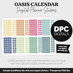Könnte beinhalten: Digitale Planer-Aufkleber mit Kalenderlayouts in verschiedenen Farben. Das Bild enthält den Text "OASIS CALENDAR Digital Planner Stickers" und "DPC DIGITALS". Die Aufkleber sind für die Verwendung mit jeder digitalen Planungs-App konzipiert.