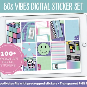 May include: A digital tablet screen displaying a set of 100+ 80s themed digital stickers. The stickers feature retro designs like a Rubik's cube, cassette tape, smiley face, and a video game controller. The text "100+ ORIGINAL ART DIGITAL STICKERS!" is displayed on a pink circle.