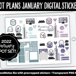 Può includere: Sticker digitali per planner per gennaio con uno schema di colori blu e viola. Gli adesivi presentano adorabili illustrazioni di fantasmi, testo come "got groceries", "reading my goals" e "working like a boss", e una varietà di altri design.