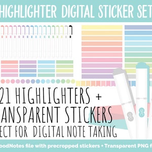 Puede incluir: Un conjunto de pegatinas digitales para tomar notas que incluye 21 colores de resaltador y pegatinas transparentes. El conjunto incluye un archivo de GoodNotes con pegatinas precortadas y archivos PNG transparentes.