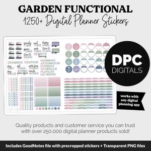 Puede incluir: Pegatinas digitales para planificador con el texto "GARDEN FUNCTIONAL" y "1250+ Digital Planner Stickers". Las pegatinas incluyen varios diseños para la programación y la organización, con el logotipo "DPC DIGITALS" y el texto "works with any digital planning app."