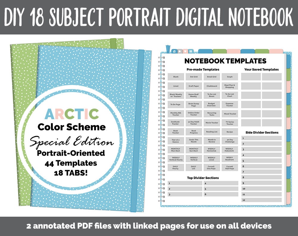 Portrait DIY v2 18 Subject Digital Notebook | Arctic Theme | Goodnote…