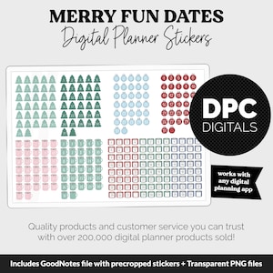 May include: A set of digital planner stickers featuring Christmas-themed designs. The stickers include numbers 1-31, Christmas trees, ornaments, and mugs. The stickers are in various shades of green, red, blue, and pink. The text "MERRY FUN DATES" and "DPC DIGITALS" is also included in the image.