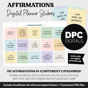 May include: Digital planner stickers with affirmations. The image shows a tablet with colorful sticky notes displaying positive affirmations like "I trust my intuition" and "I am enough as I am." A black circle with "DPC DIGITALS" is in the image.