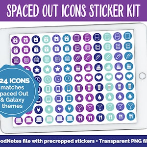 Puede incluir: Una pantalla de tableta digital que muestra 324 iconos en un patrón de cuadrícula. Los iconos son blancos sobre una variedad de círculos azules, morados y turquesa. El texto "324 ICONS" está en un círculo azul con texto blanco. El texto "matches Spaced Out & Galaxy themes" está debajo del círculo. El texto "GoodNotes file with precropped stickers + Transparent PNG files" está en la parte inferior de la pantalla.