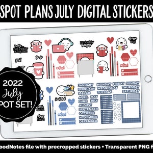 Könnte beinhalten: Ein digitaler Planer-Aufkleber-Set für Juli 2022. Die Aufkleber zeigen eine Vielzahl von Designs, darunter einen niedlichen Comic-Charakter, einen Kalender und eine Vielzahl anderer Designs. Die Aufkleber sind in einem blau-roten Farbschema gehalten. Der Text "2022 July SPOT SET!" befindet sich in einem schwarzen Kreis.