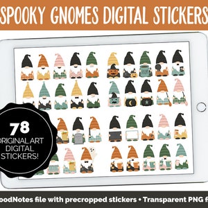 May include: A digital tablet screen displaying 78 colorful, pre-cropped digital stickers of gnomes in various Halloween costumes. The text "SPOOKY GNOMES DIGITAL STICKERS" is at the top of the screen. The text "78 ORIGINAL ART DIGITAL STICKERS!" is in a black circle at the bottom left of the screen. The text "1 GoodNotes file with precropped stickers Transparent PNG files" is at the bottom of the screen.