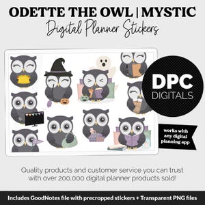 May include: A set of 10 digital planner stickers featuring a cute owl in various poses. The owl is wearing a witch hat, holding a book, and has a spooky ghost behind it. The stickers are perfect for adding a touch of whimsy to your digital planner.